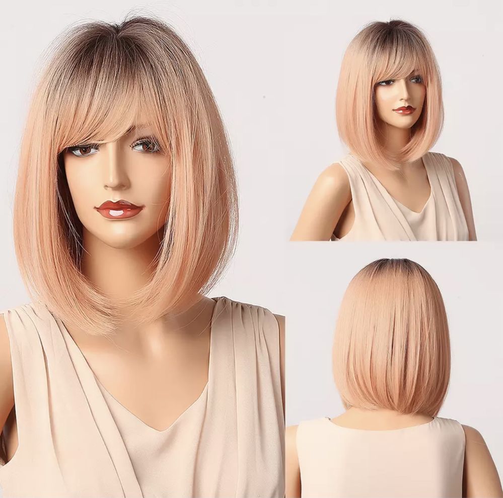 Peruca T75 Breton Bob Blonda Roz Ombre scurta Blond Cenusiu Rose Pink