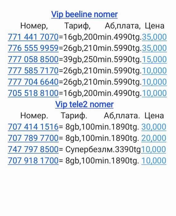 Vip nomer,тариф архив