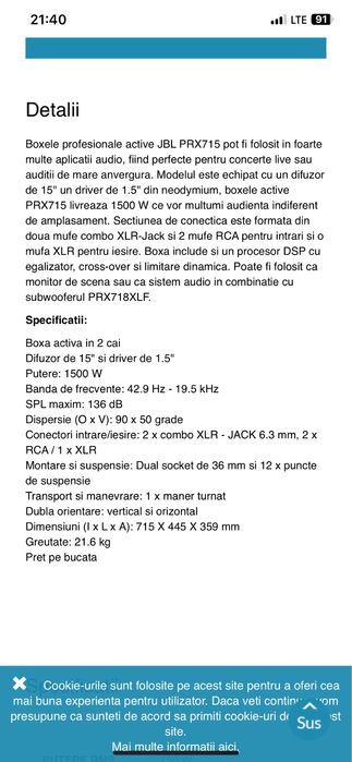 Boxe profesionale JBL PRX  715. 1500 W si mixer YAMAHA