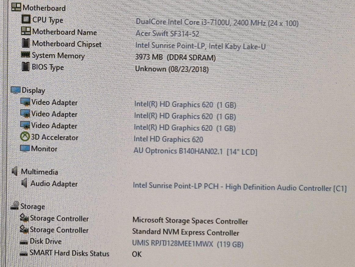 vand laptop Acer Swift SF314-52..14"FH..i3 7100..Ssd 128 Gb.Slim.Metal