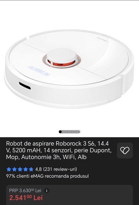 Robot de aspirare Roborock 3 S6,5200mAH,14 senzori,perie Dupont, WiFi