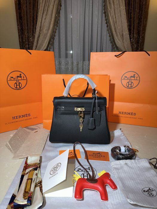 Geanta Hermes Kelly 25cm Black/Accesorii Gold