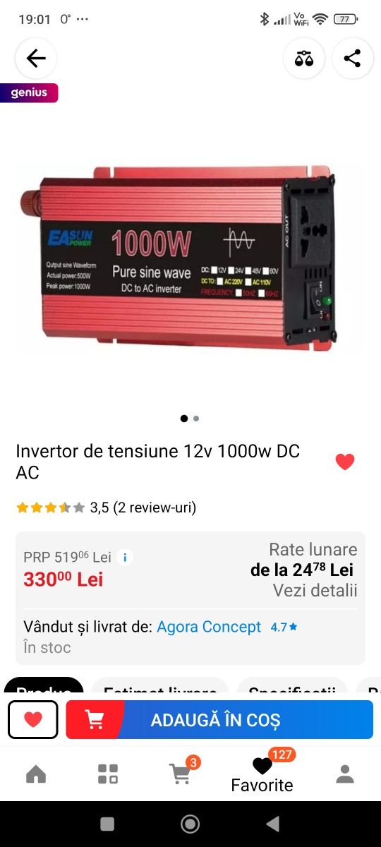 Invertor auto 12v dc la 220V AC putere continuă 500W