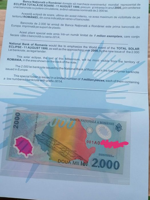Bancnota 2000 lei Eclipsa  UNC in pliant