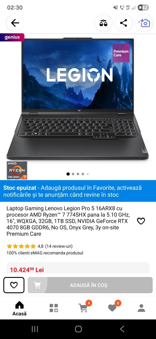 Laptop Gaming Lenovo Legion Pro 5 RTX 4070 32GB DDR5 1TB NVMe