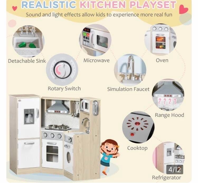 Детска дървена кухня -нова! + кутия с продукти за готвене