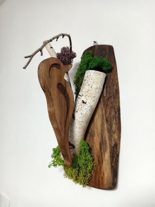 Декорация птици от бреза със скандинавски мъх -бухал, врабче,кълвач