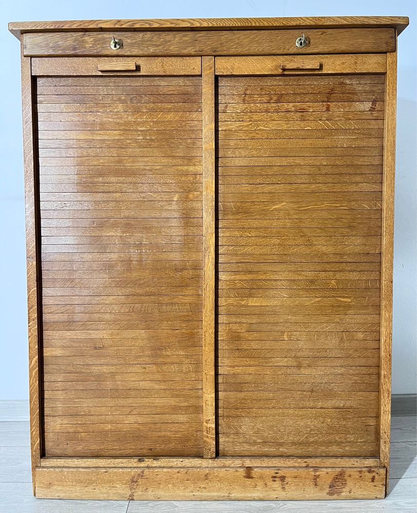 Cabinet Vintage din Lemn, 2 Uși tip Rulou; Comodă Fișet Dulap Scrin