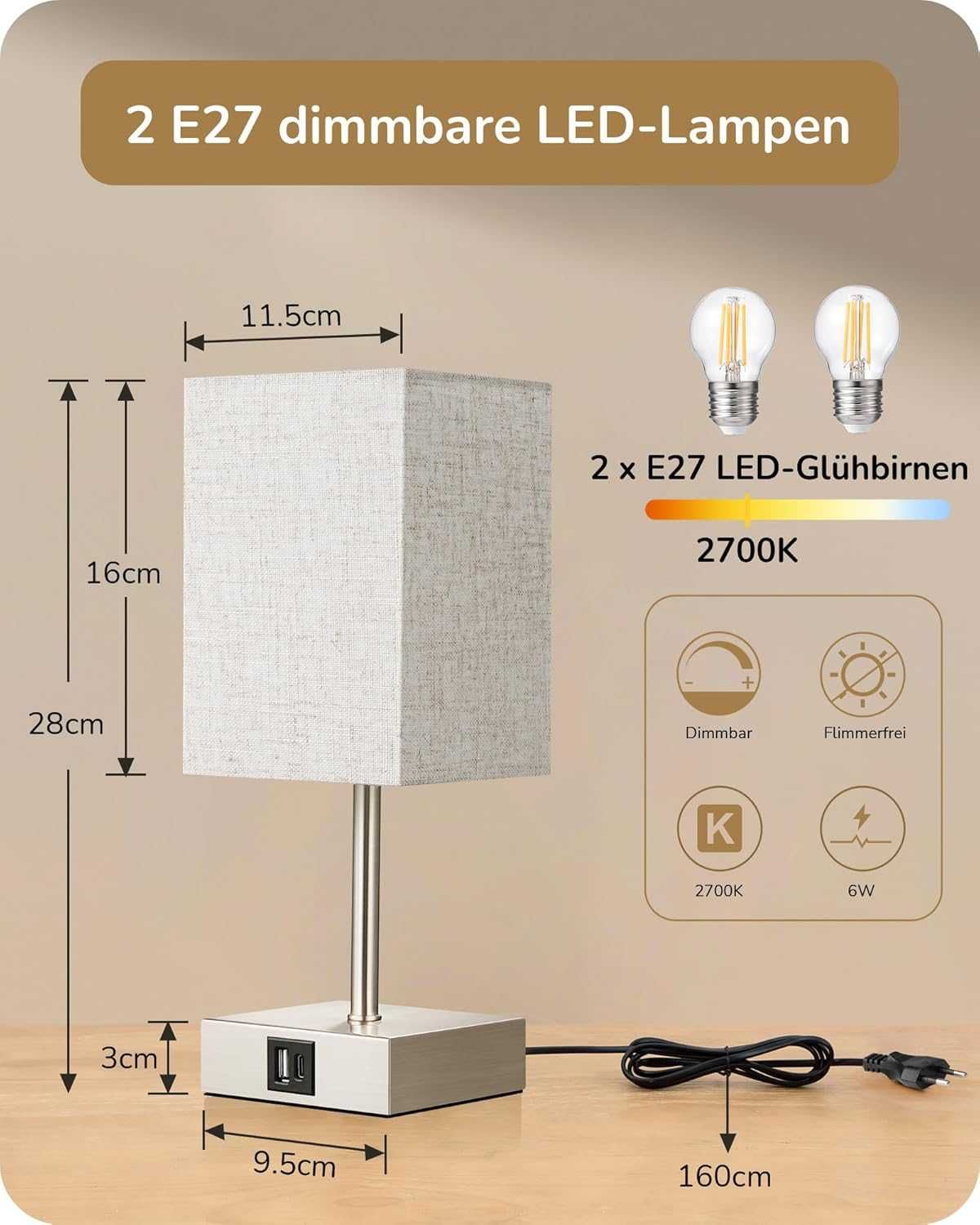 НОВИ! LED нощни лампи с USB зареждане, димируеми с докосване, 2бр/к-кт
