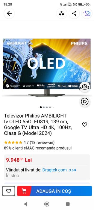 Tv Philips OLED Ambilight 139 cm garanție ie