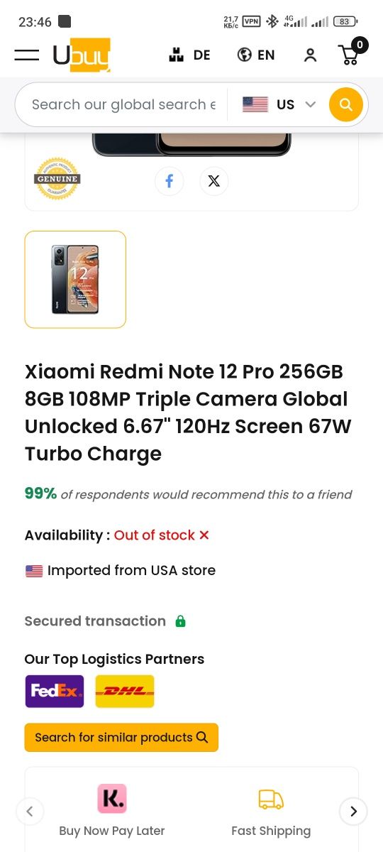 Redmi note 12 pro 8/256 xolati tinniq