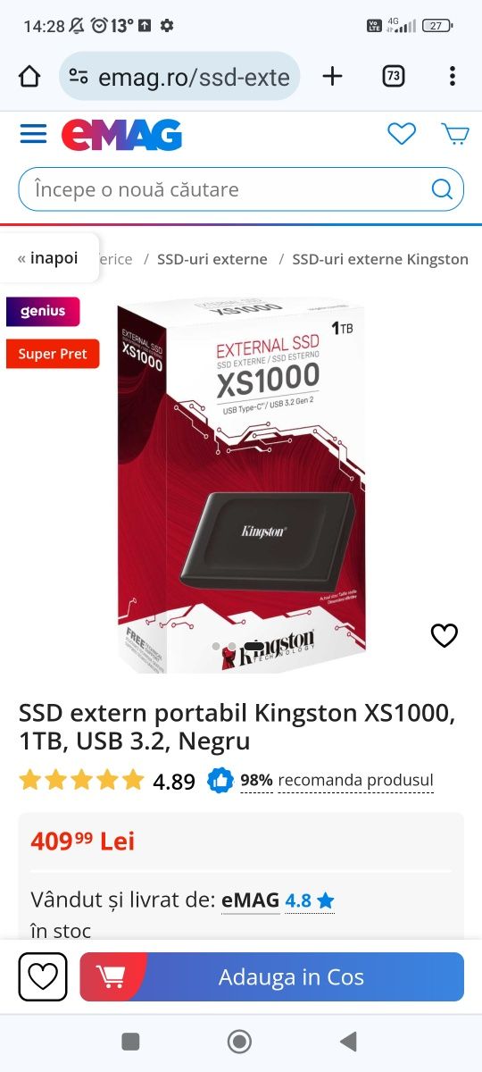 SSD extern Kingstone 1TB sigilat NOU