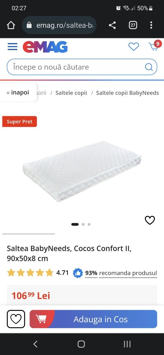 Saltea patut bebe, Cocos 90x50x8cm + cearsaf si protectie