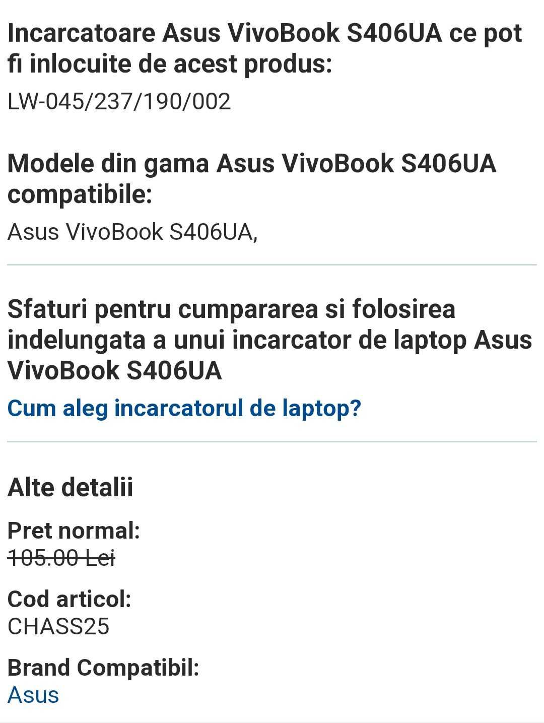 Încărcător Asus VivoBook S406UA Compatibil