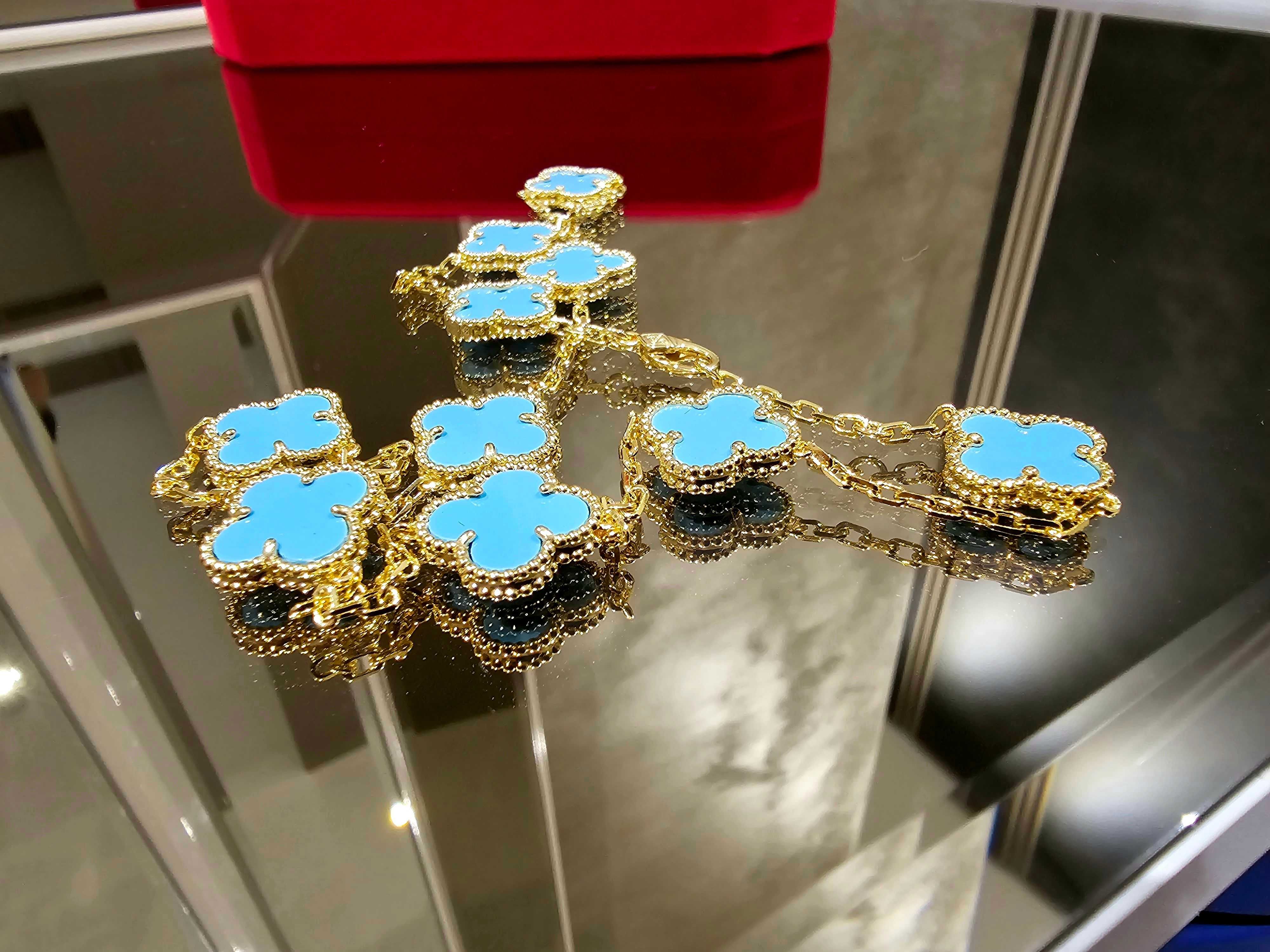 Van Cleef & Arpels VCA Gold Turquoise 10 Motifs Alhambra Дамско Колие