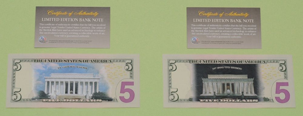 Банкноти $5 U.S 2-Sided*Genuine Legal Tender COLORIZED(day and night