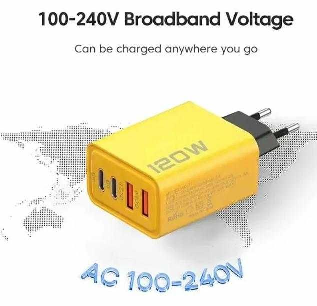 Бързо Зареждащо Зарядно Смартфон 120W 2x изхода за USB кабел +2x за PD