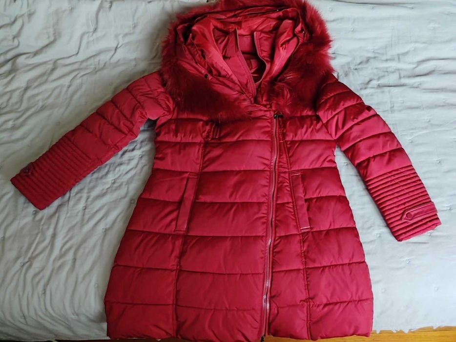 Дамско зимно яке с качулка, естествен косъм, цвят бордо от шушляк,3XL