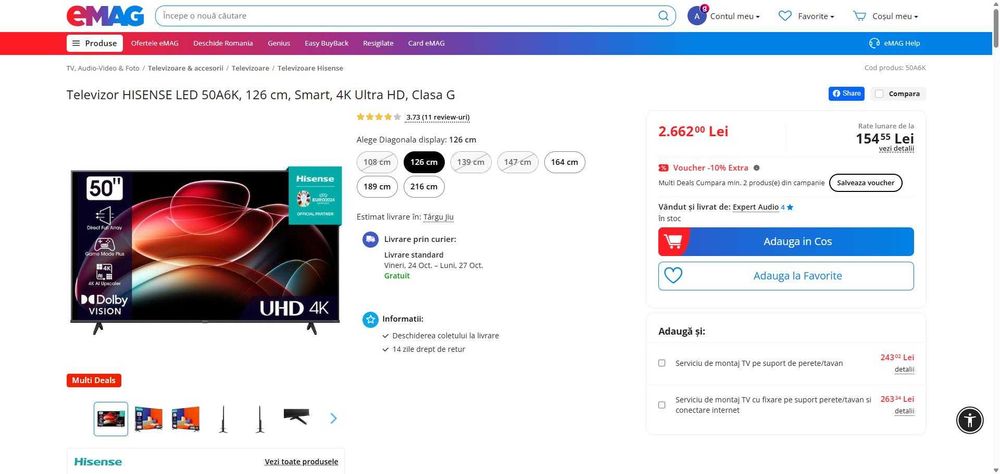 Televizor HISENSE LED 50A6K, 126 cm, Smart, 4K Ultra HD, Clasa G