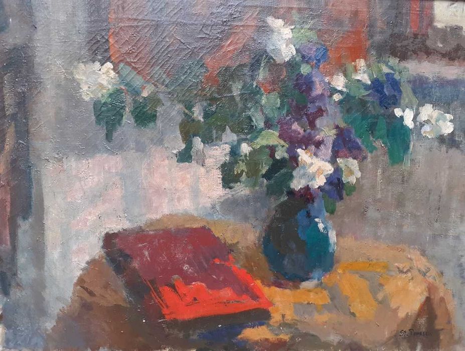 Tablou vechi - flori si carte - semnat St. Popescu