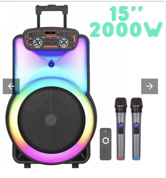 Караоке тонколона с bluetooth и цветомузика 15 два безжични микрофона