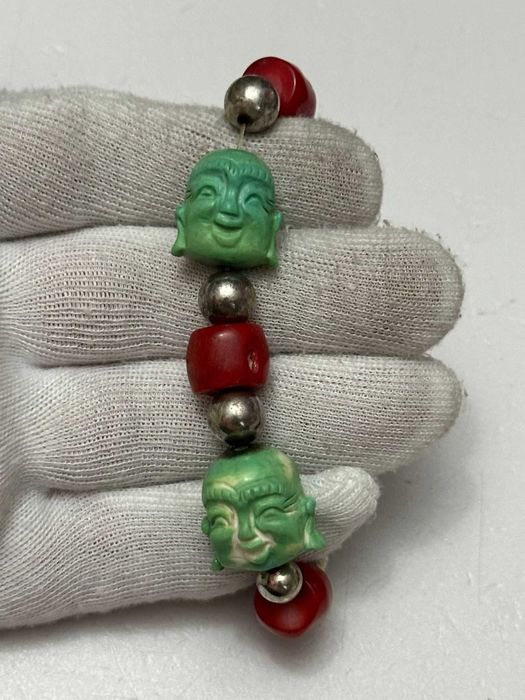 BRATARA ARGINT + CORAL + JAD - Budha sculptat - Elastica - Vintage !