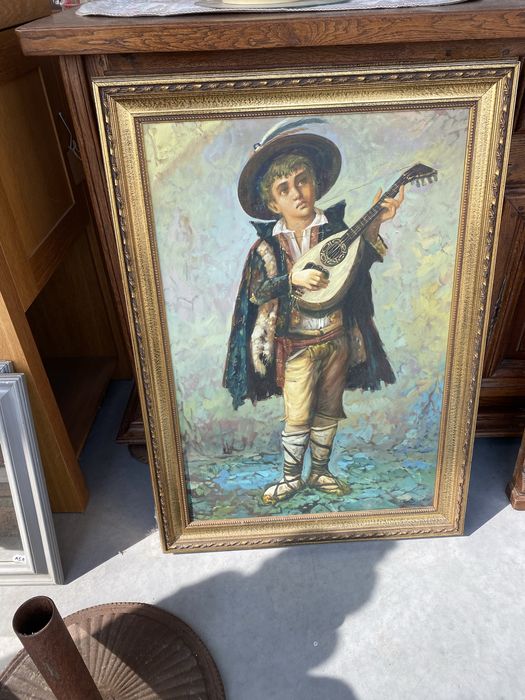 Винтидж маслена картина Момче с мандолина 1950те колекционерска