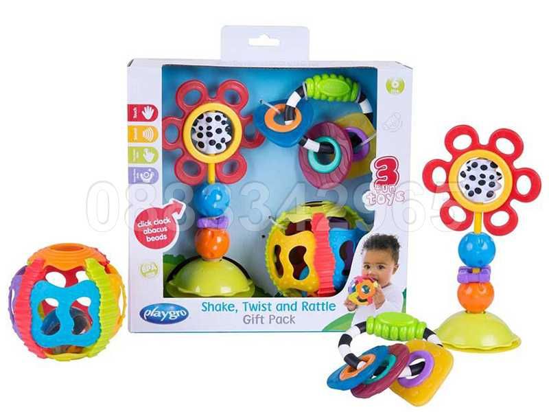 НОВ! Комплект дрънкалки 3 бр Playgro Shake, twist and rattle gift pack