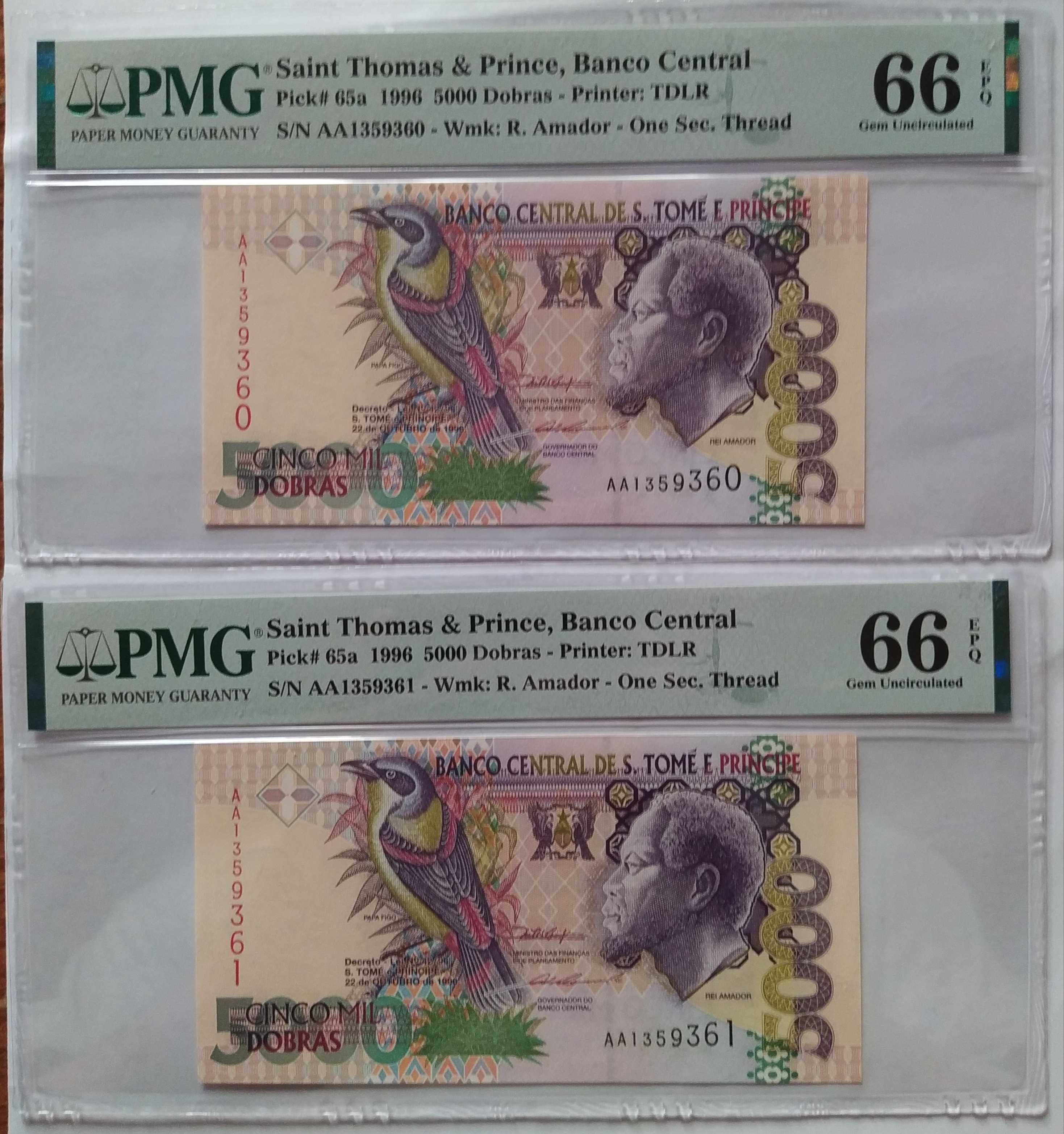 PMG 66 - 2 банкноти с поредни номера Сао Томе и Принсипи - 5000 добрас