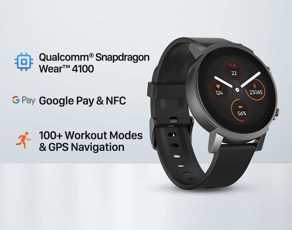 НОВ!!! Смарт часовник Mobvoi TicWatch E3, 47 мм, GPS, IP68, Черен