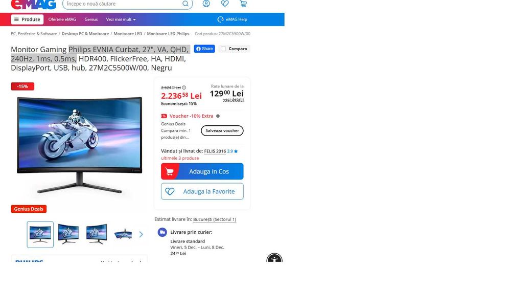 Monitor gaming Philips EVNIA Curbat, 27", VA, QHD, 240Hz, 1ms, 0.5ms,