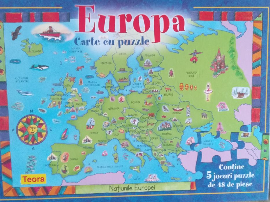 Carte Europa cu 5 puzzle-uri a cate 48 de piese fiecare.Editura Teora.