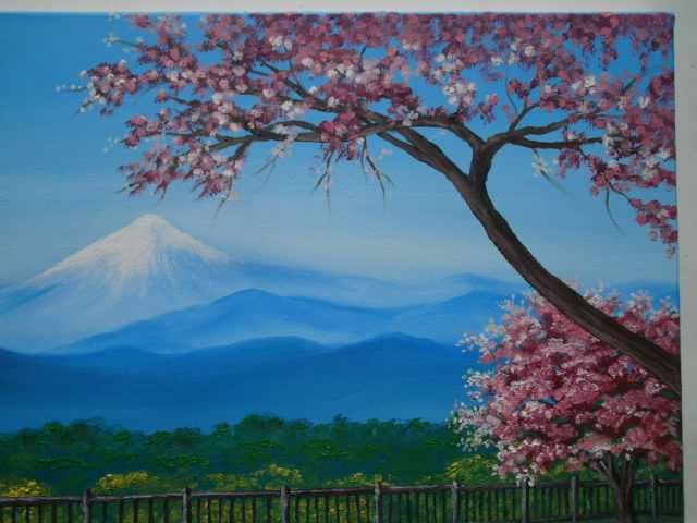 Планински пейзаж, японския вулкан фуdжи и цъфнали вишни