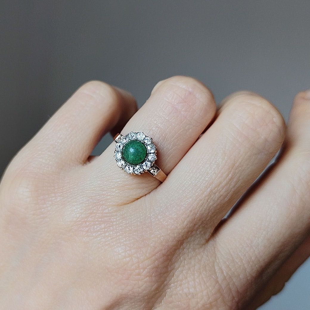 inel antique autentic, aur 19.2k, diamante, jad, certif.