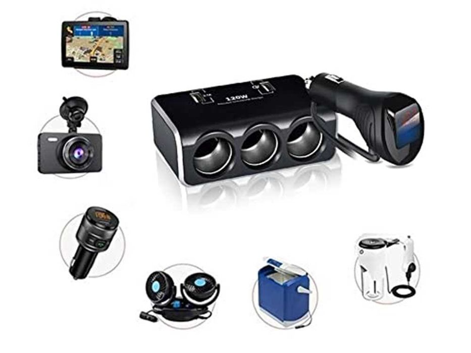 Разклонител за запалка с Волтметър 3 гнезда, 2 USB 12/24V, 120W.