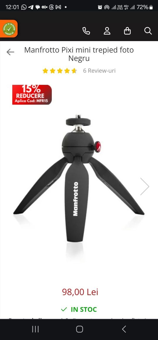 Manfrotto Pixi mini trepied foto Negru (noi)