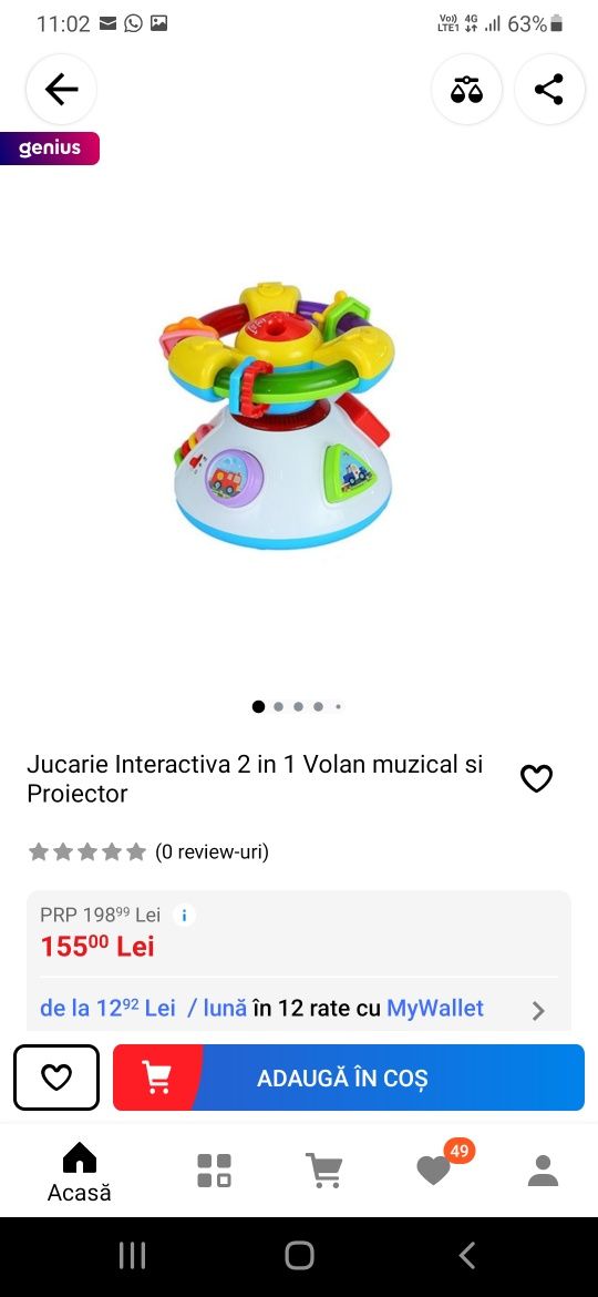 Volan interactiv cu proiector și lumini muzica de adormit