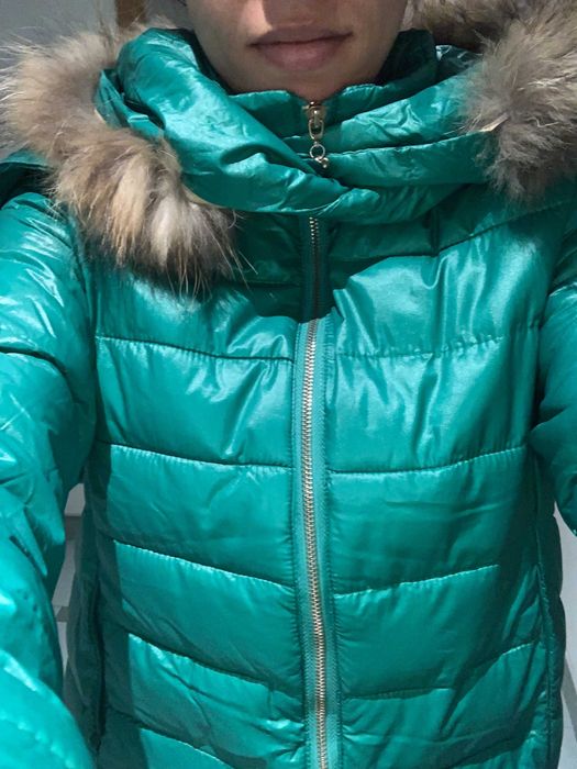 Тюркоазено зелено яке с естествена яка и ръкавици