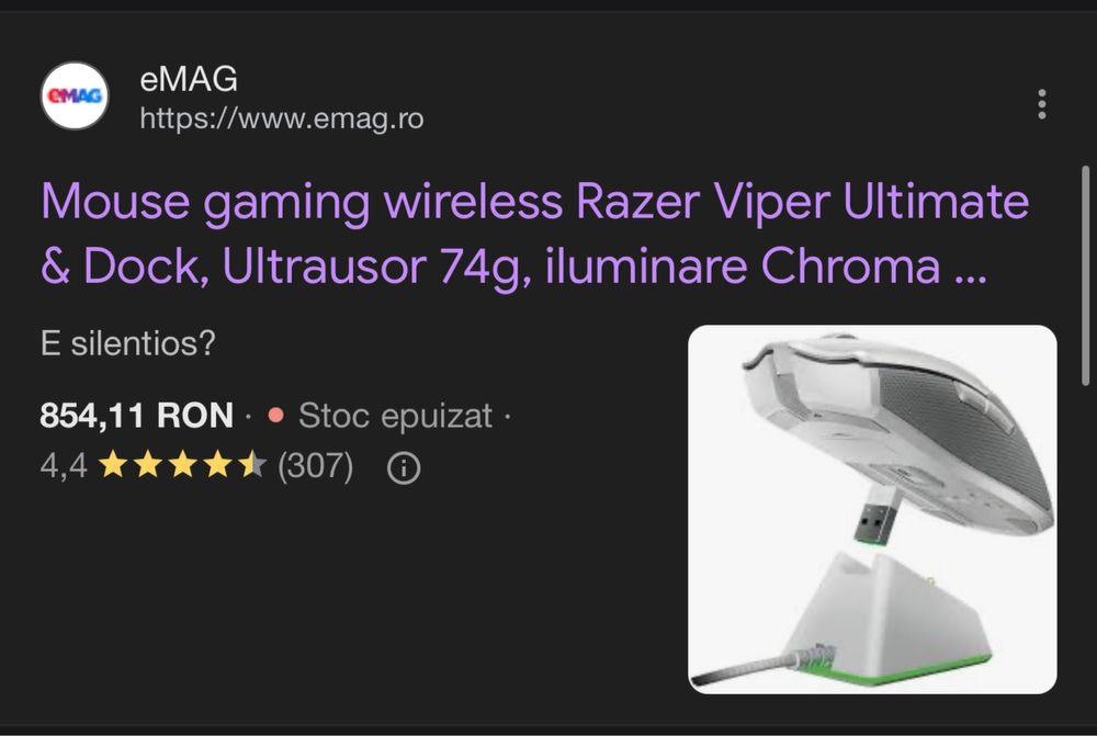 Mouse Razer viper ultimate mercury edition + dock de incarcare