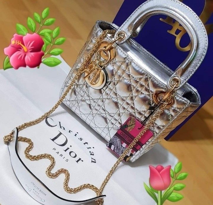 Geanta silver Medium/logo metalic auriu, saculet, etichetă