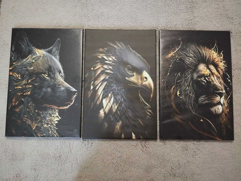 Set de 3 tablouri moderne pe pânză cu lup, vultur și leu