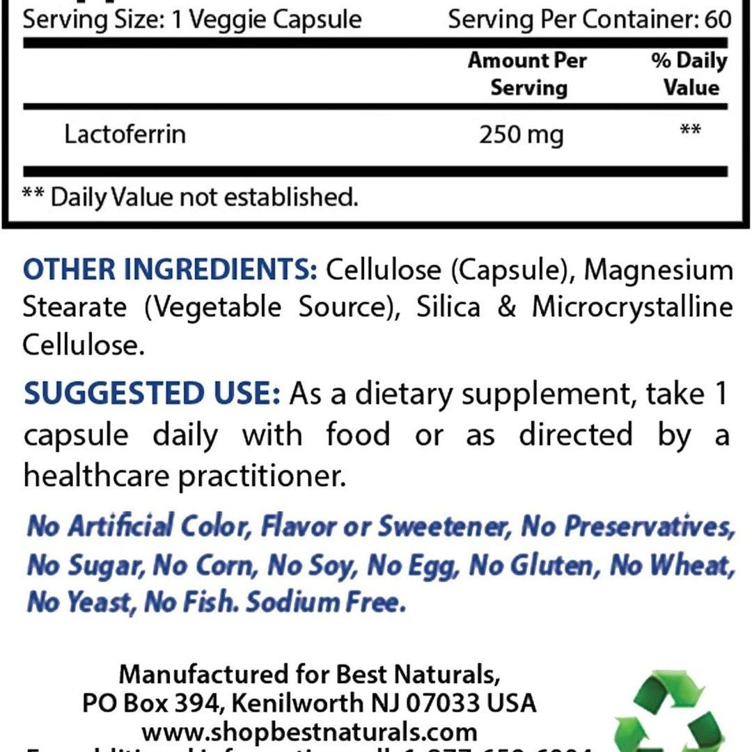 Best Naturals Лактоферрин, 250 мг растительные капсулы, поддерживает
