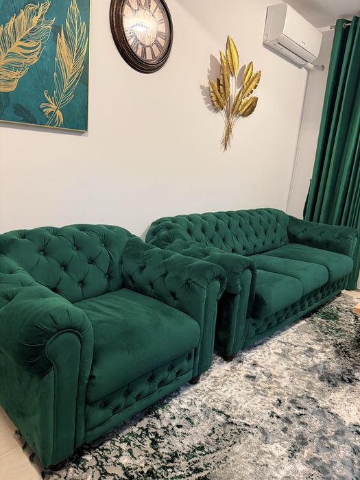 Canapea extensibila + fotoliu chesterfield verde