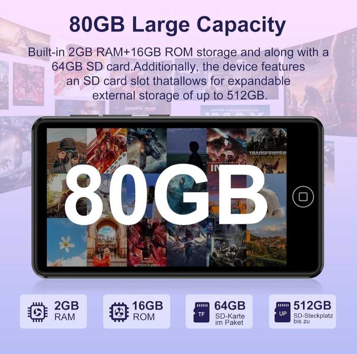 AGXOV 80GB MP3 плейър с WiFi и Bluetooth 4.02-инчов MP4 плейър