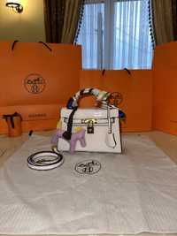 Geanta Hermes Kelly 19cm Alb Piele Croco/Punga Hermes