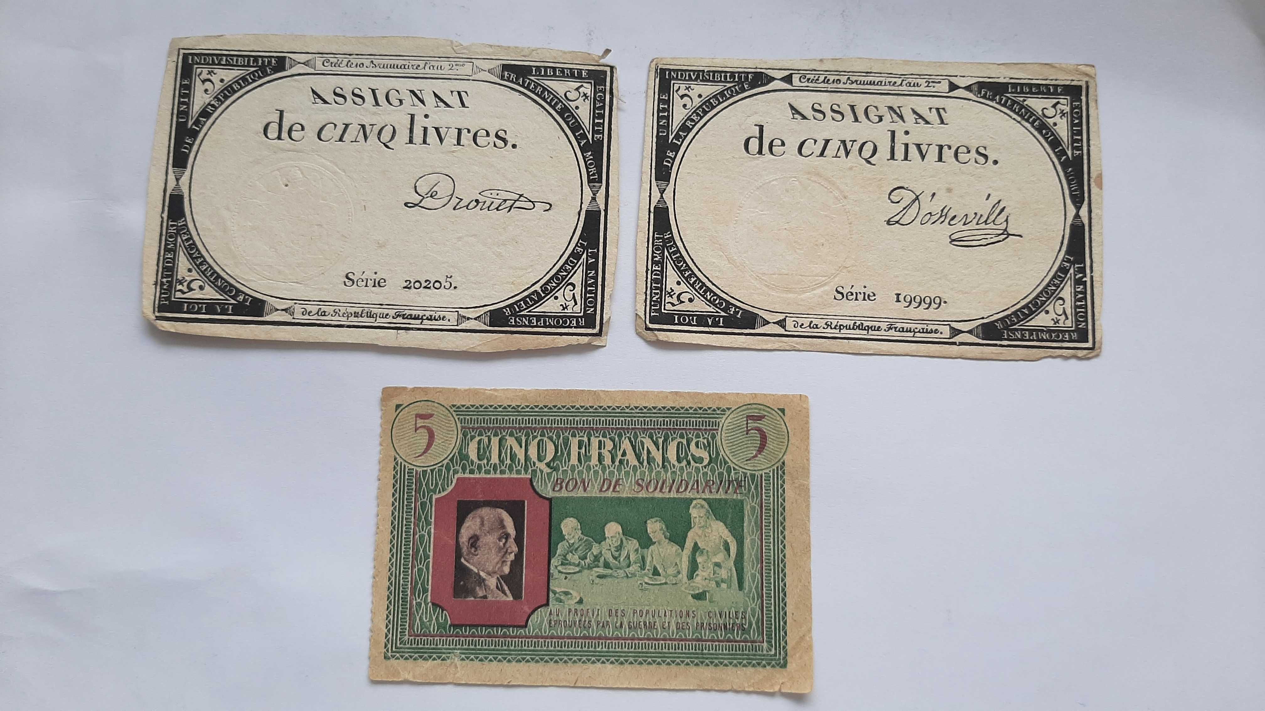 Lot 3 bancnote Franta - Assignat 5 livres 1793 + Bon de Solidaritate