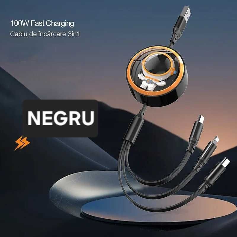 Cablu 3in1 Telescopic. Date/Încărcare Fast Charge UsbC/Micro/IOS Negru