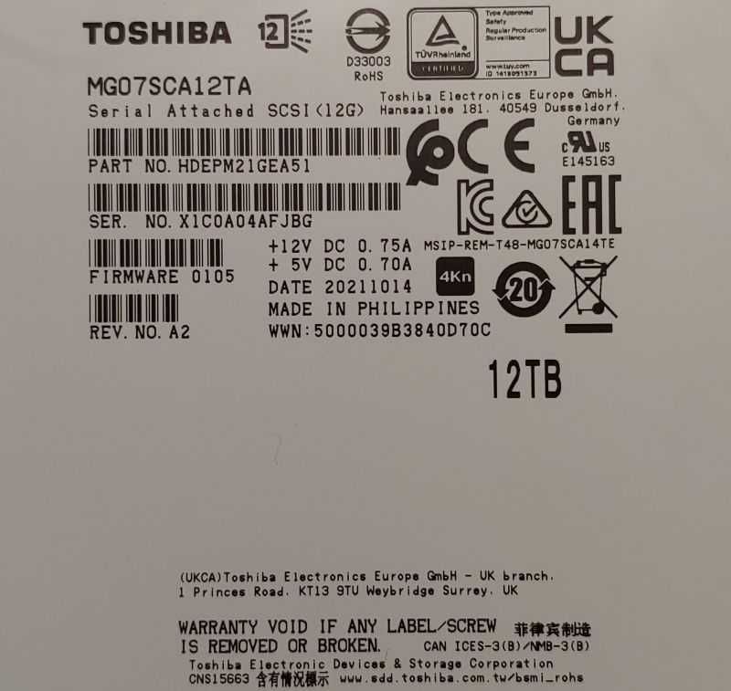 Продам жёсткие диски Toshiba 12TB SAS 3.5 7.2K 4Kn, MG07SCA12TA, новые