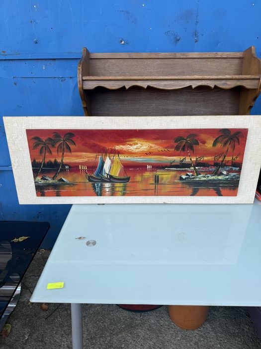 Tablou pictat manual pe lemn, peisaj tropical cu palmieri și bărci