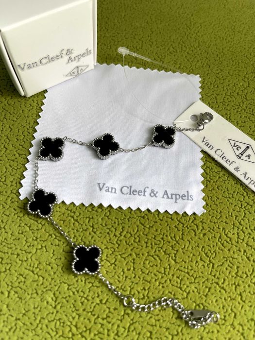 ван клиф гривна черна сребърна стоманена детелина  van cleef